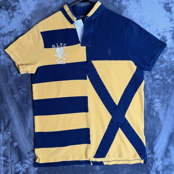 Polo Ralph Lauren Large RLFC Skull #15 Rugby Short Sleeve Shirt Yellow Navy Slim - Picture 1 of 6